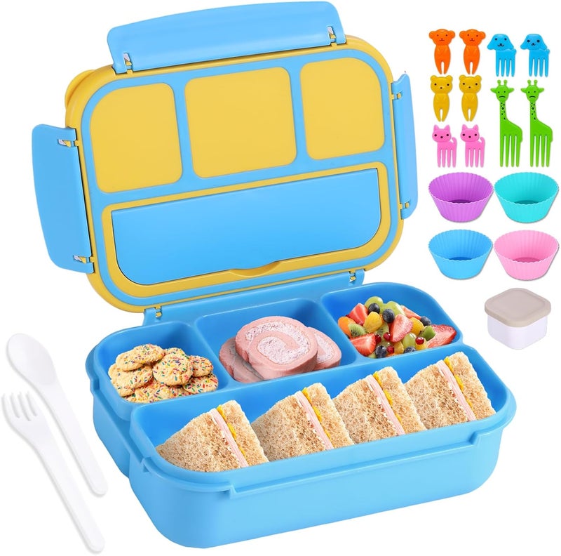 shell and turtle Bento Box for Kids Girls Boys, Bento Box Adult Lunch Box with 4 Compartments, Lunch Containers with Utensils, Sauce Jar, Muffin Liners for School, 40 Oz/5 Cup, Blue - Image 1